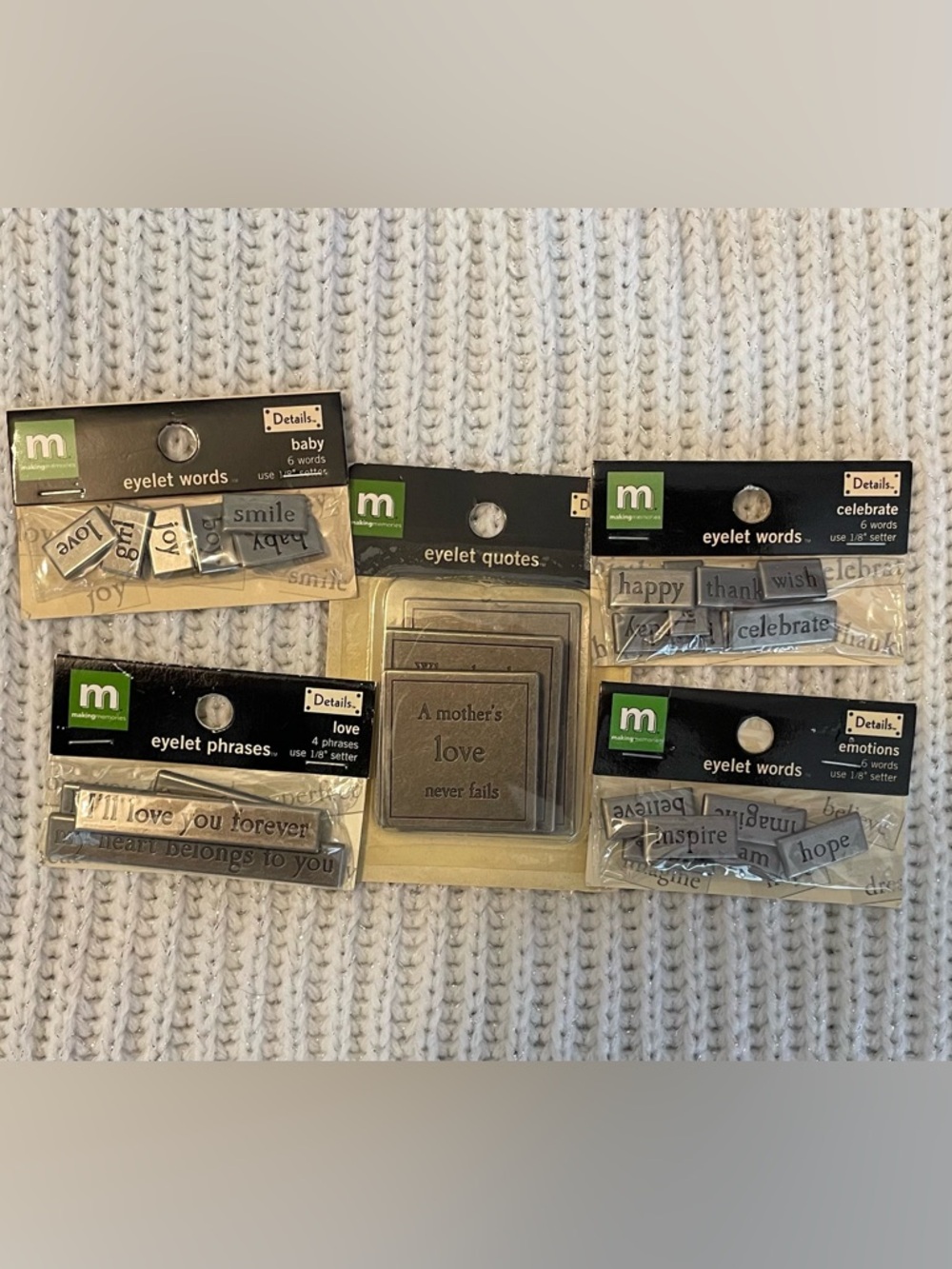 NEW Lot 5 Making Memories Details Metal Eyelet Words Phrases FAMILY CHILD BABY